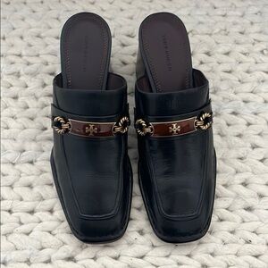 Tory Burch Black Leather Perrine Heeled Loafer Mule